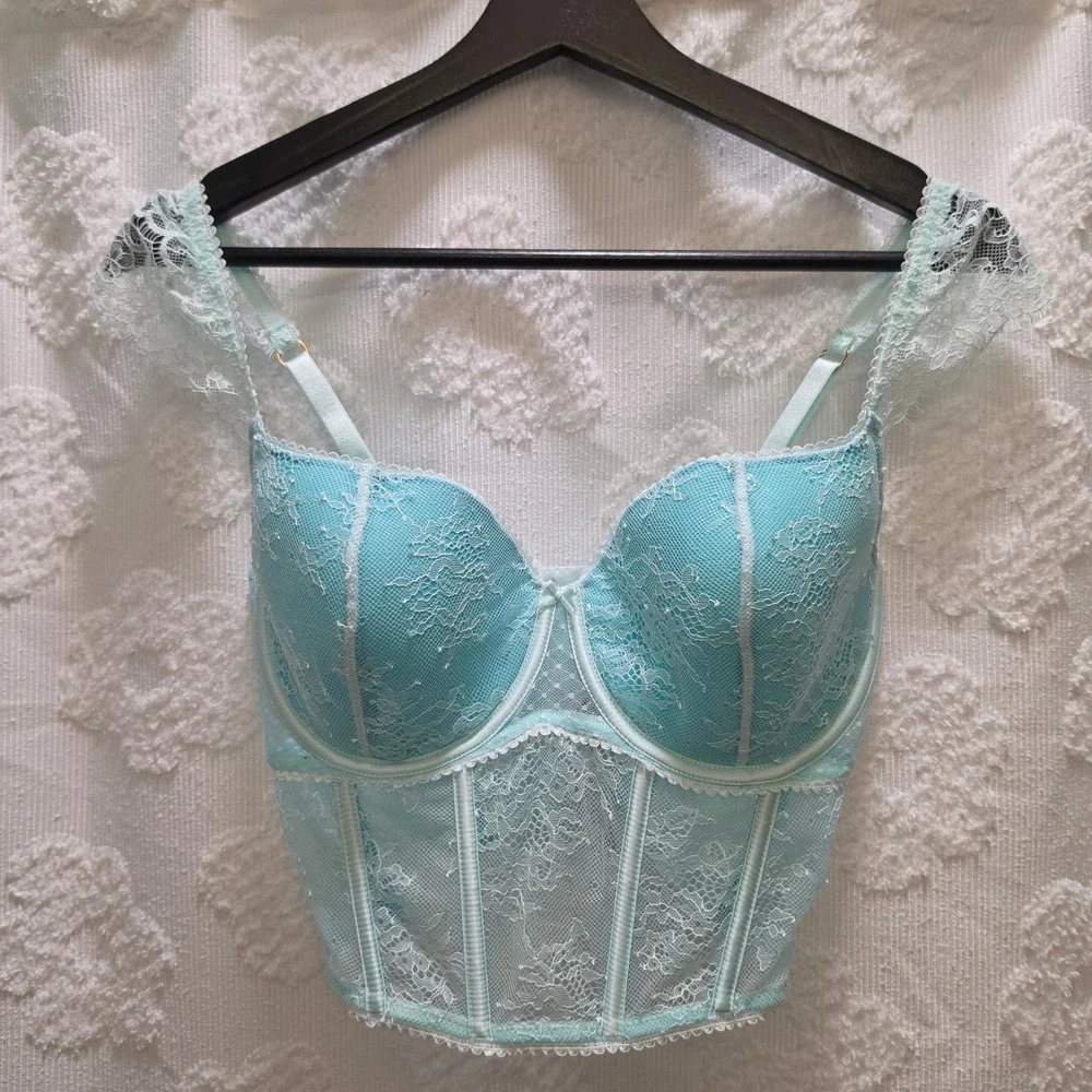 NWT Victorias Secret Dream Angels Lace Corset Top Aqua Blue S-DD‎